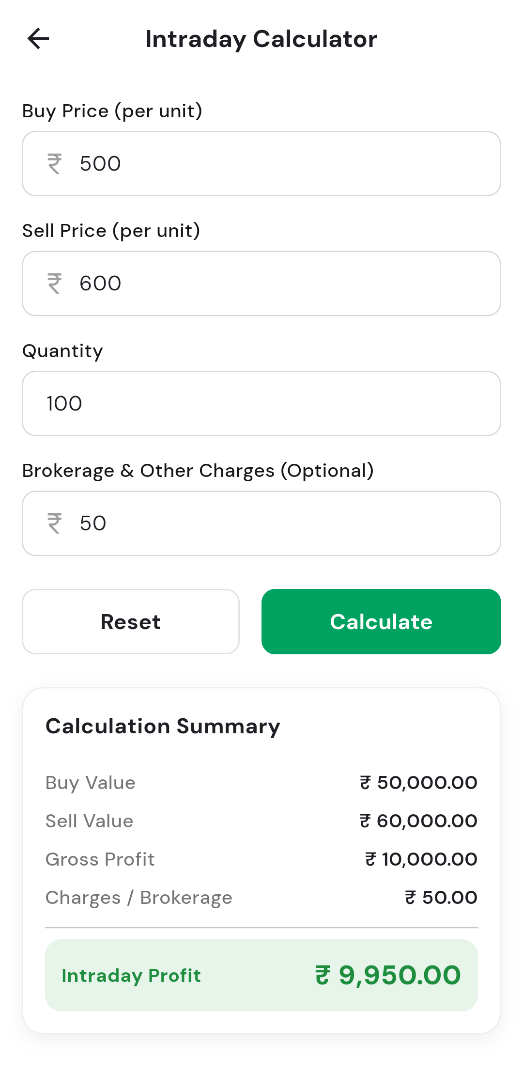 FinTick Intraday Calculator Screen